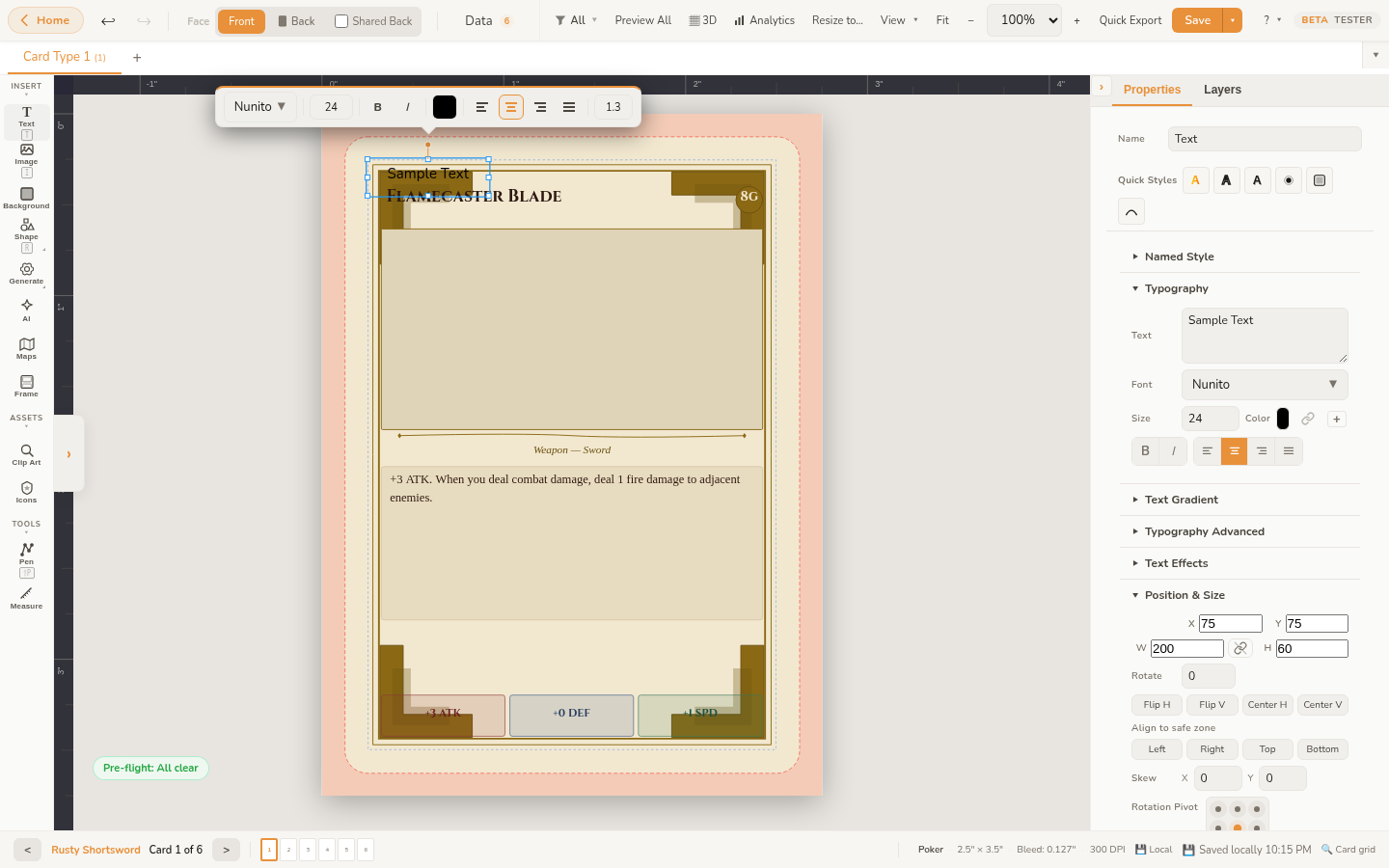 A new text element selected on the card with a floating toolbar above it for font, size, and alignment, and the full typography controls in the properties panel on the right