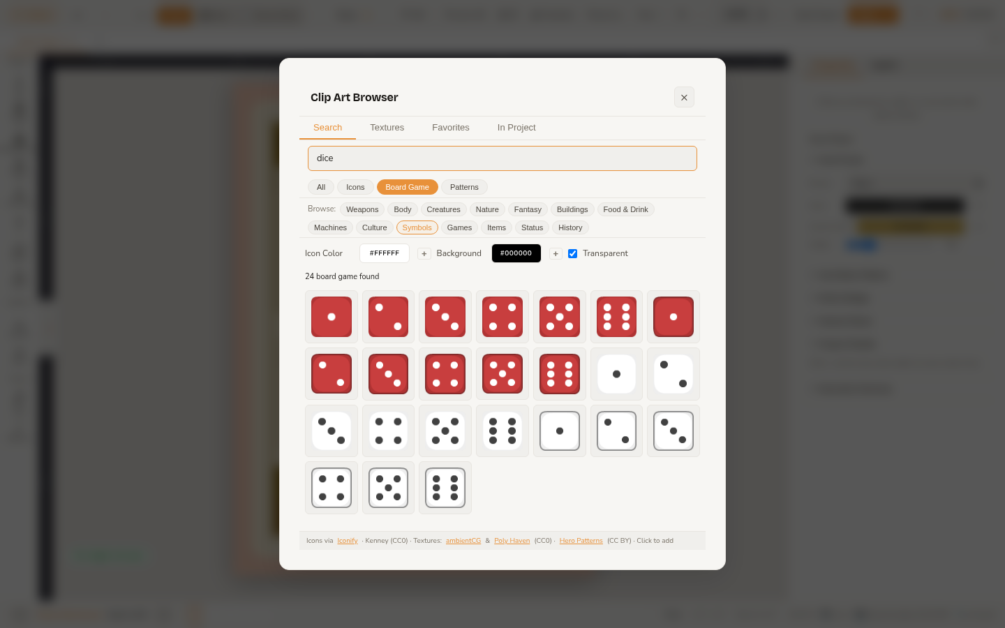 The Clip Art Browser open over the editor with a search for dice showing 24 board game dice illustrations ready to add to the card