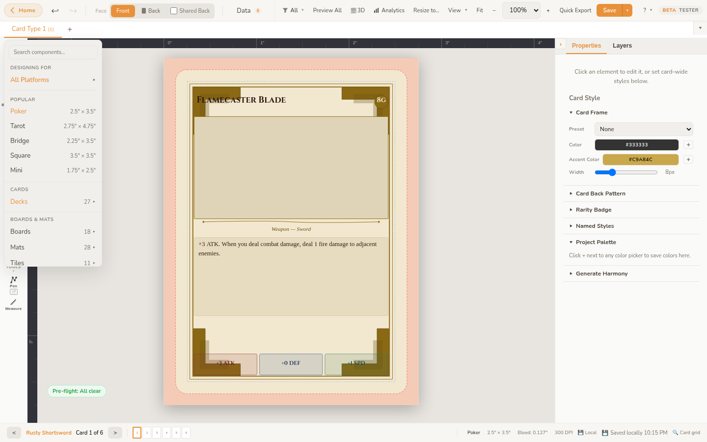 The component type picker open in the editor, listing popular sizes like Poker, Tarot, Bridge, Square, and Mini with their dimensions in inches