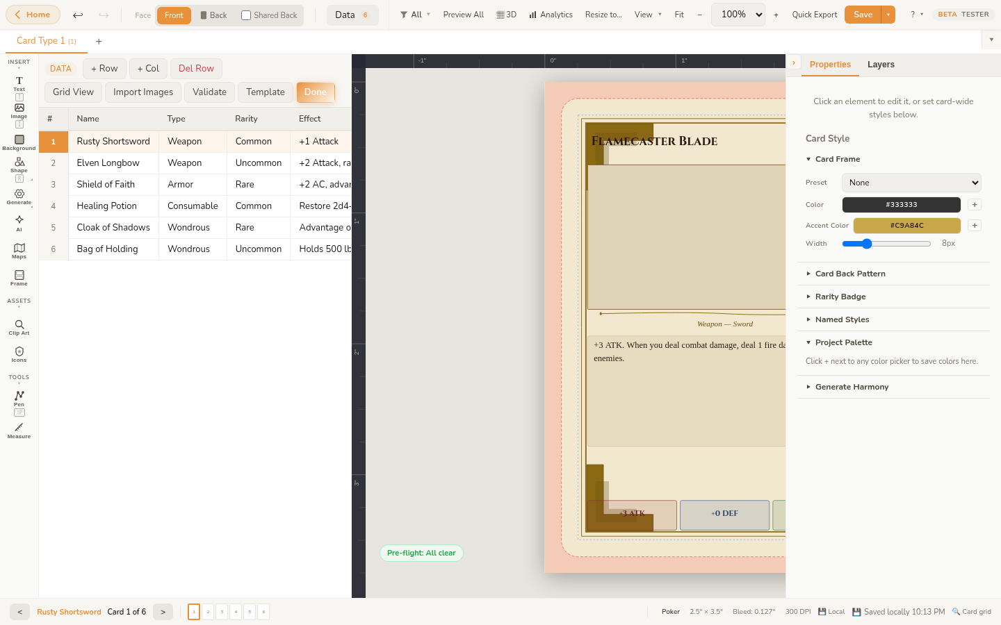 The editor with the Data panel open on the left, showing a six-row spreadsheet of item cards next to the live card preview
