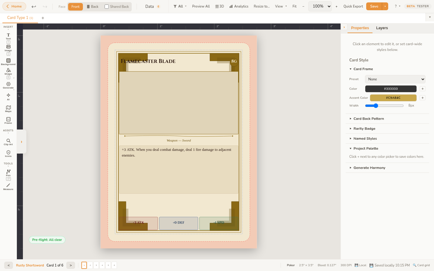 The Chitmunk editor with an item card design on the canvas: toolbar across the top, tool strip on the left, and the properties and layers panels on the right