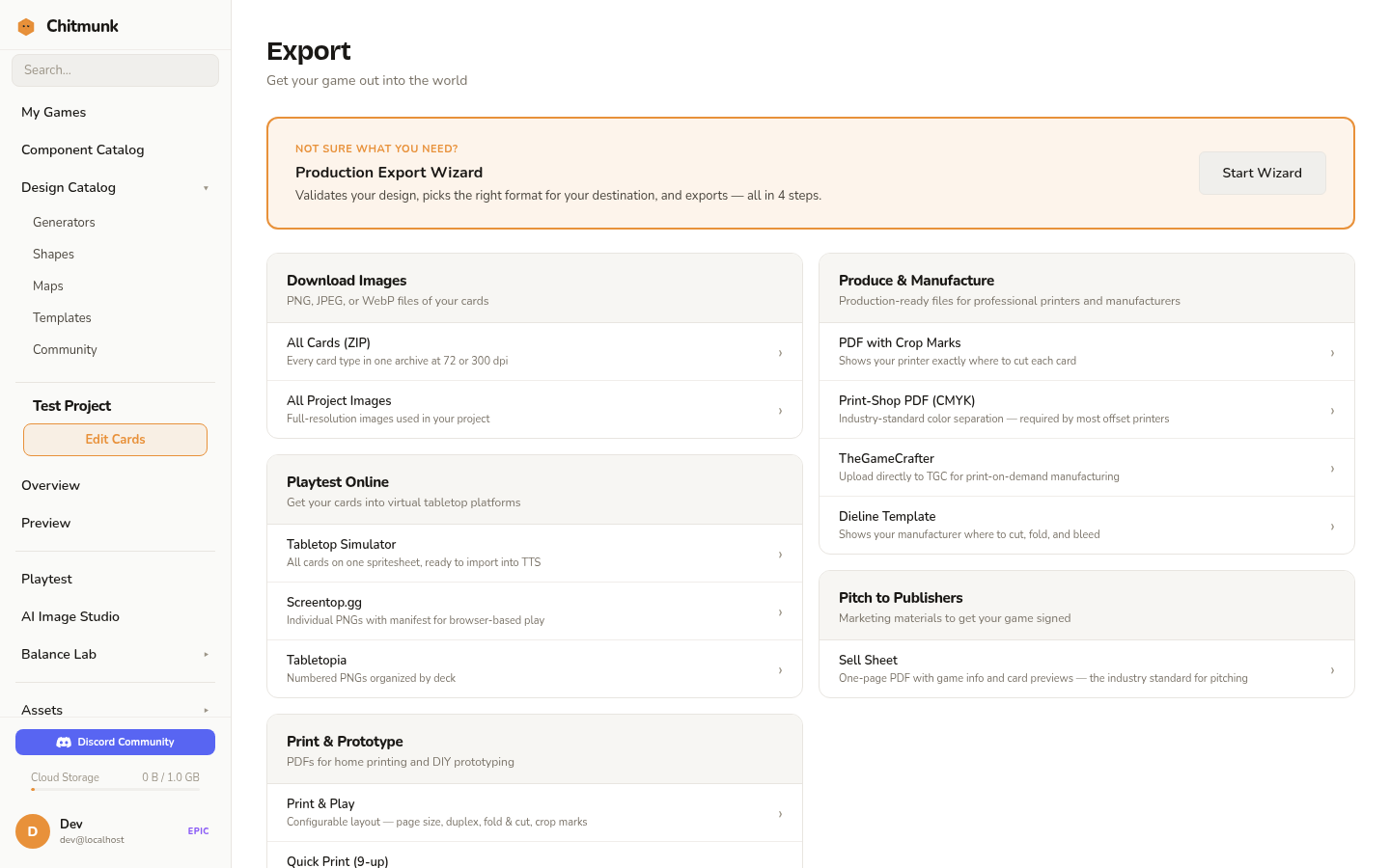 The Export page in Game Home with grouped options: Download Images, Playtest Online, Print and Prototype, Produce and Manufacture, and Pitch to Publishers, plus a four-step export wizard