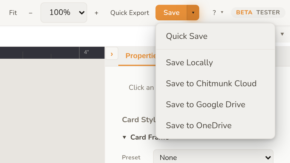 The Save menu open in the editor toolbar with options for Quick Save, Save Locally, Save to Chitmunk Cloud, Save to Google Drive, and Save to OneDrive