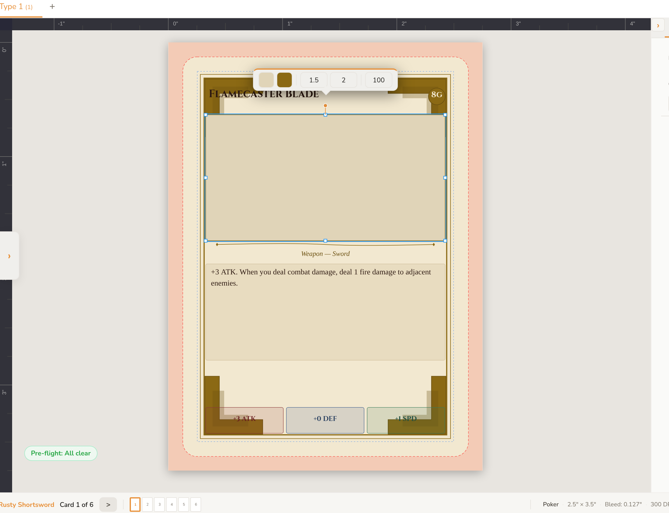 A selected element on the card showing square resize handles on its corners and edges, a round rotation handle above it, and a small quick-edit toolbar