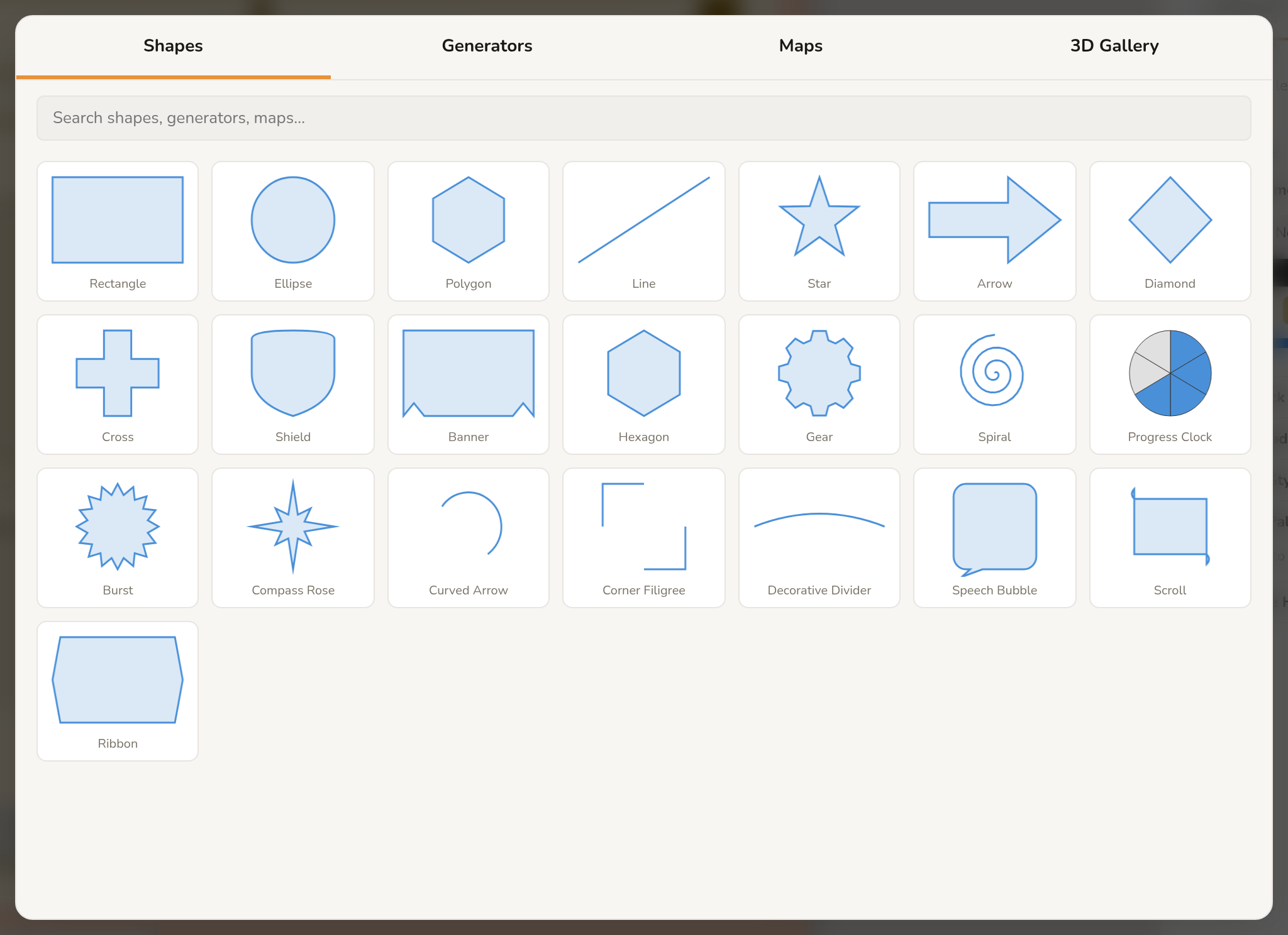 The shape palette showing all 22 shape tiles including rectangle, ellipse, polygon, star, arrow, shield, banner, hexagon, gear, and speech bubble