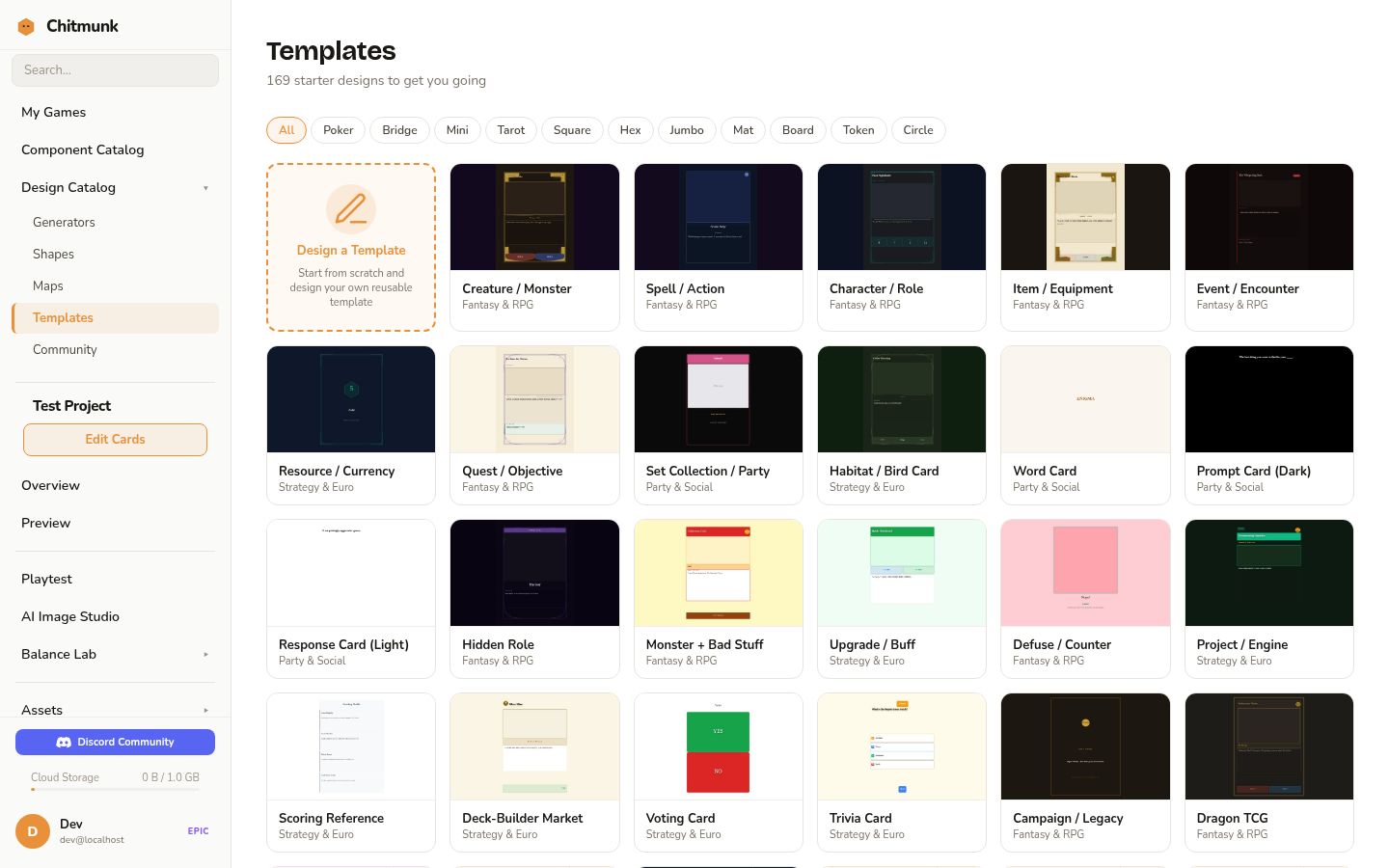The Templates page in Game Home showing a grid of starter card designs like Creature, Spell, and Item cards, with size filters along the top