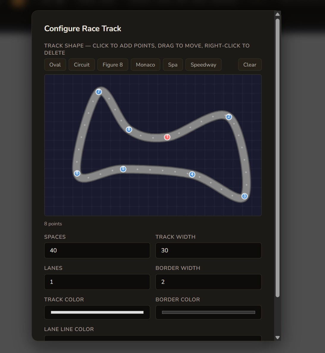 Race track generator with configurable lanes, checkpoints, and track shapes