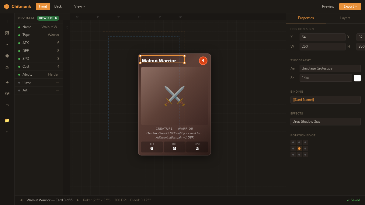 Chitmunk editor showing Walnut Warrior card with CSV data panel, properties, bleed zones, and snap guides