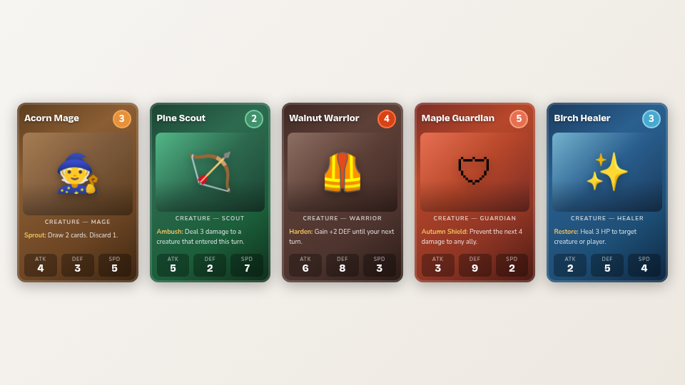 Five cards from Chitmunk the Game displayed in preview grid